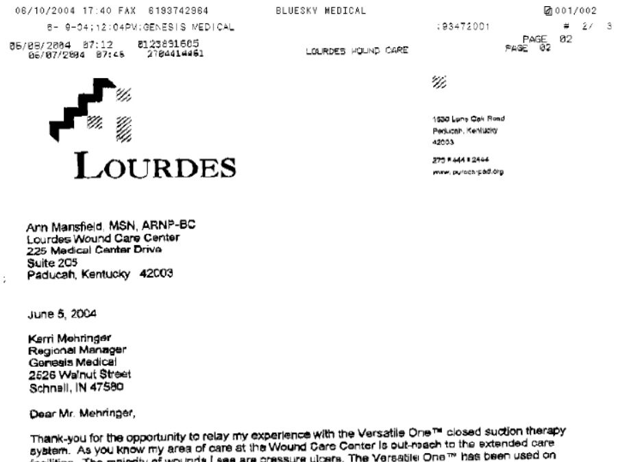 Letter and case study from Lourdes Wound Care in Kentucky