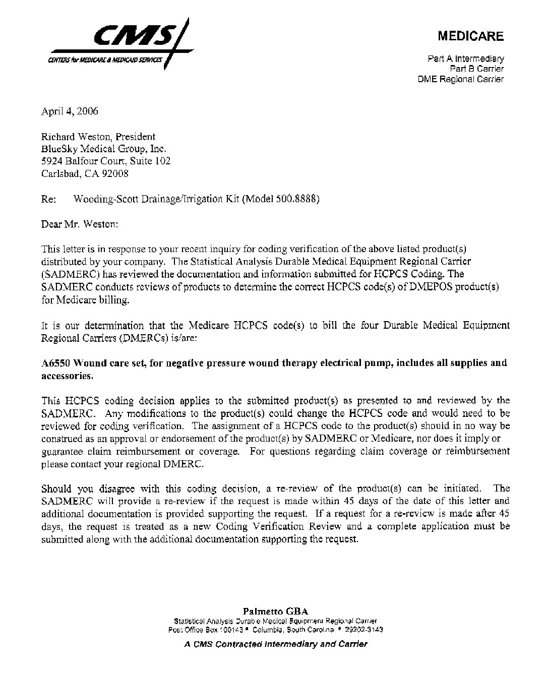 CMS awards BlueSky Wooding-Scott NPWT Reimbursement Codes