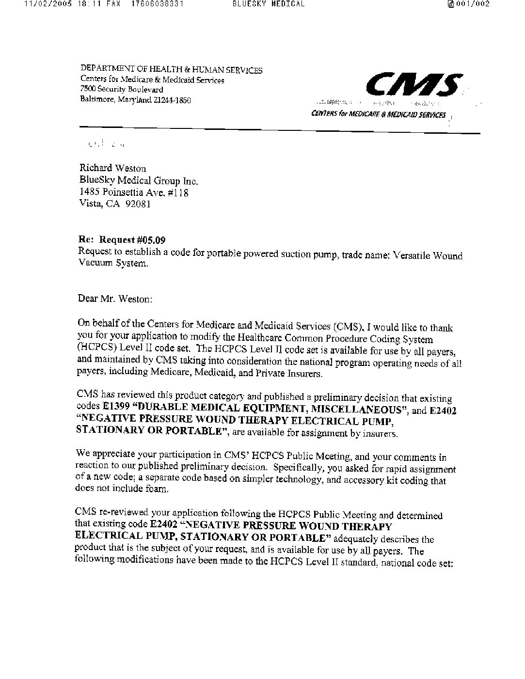 Versatile 1 BlueSkyMedical NPWT pump Awarded Reimbursement Codes